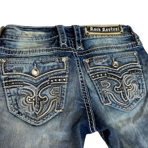 Rock Revival Distressed Ferry Ankle Skinny Jeans Bleach Wash Rhinestone Pockets - Picture 3 of 15